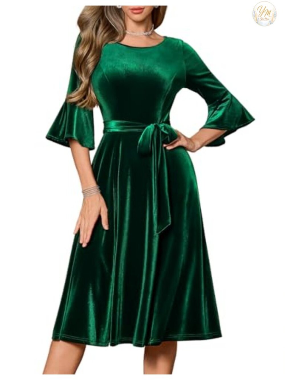 Long Sleeve Velvet Midi Dress Smocked High Waist Fit & Flare Cocktail Party